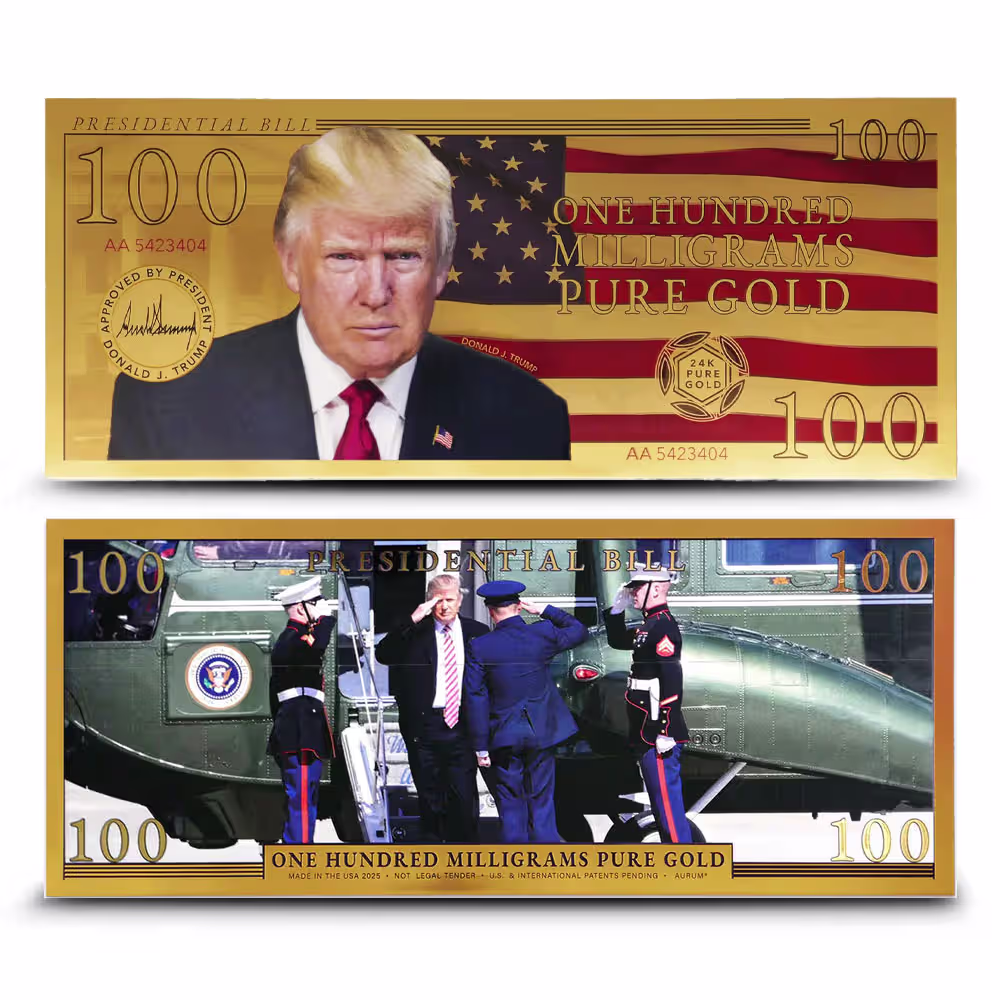 2025 100 Milligram Aurum Trump Presidential Bill Gold Note (New, White House Reverse)