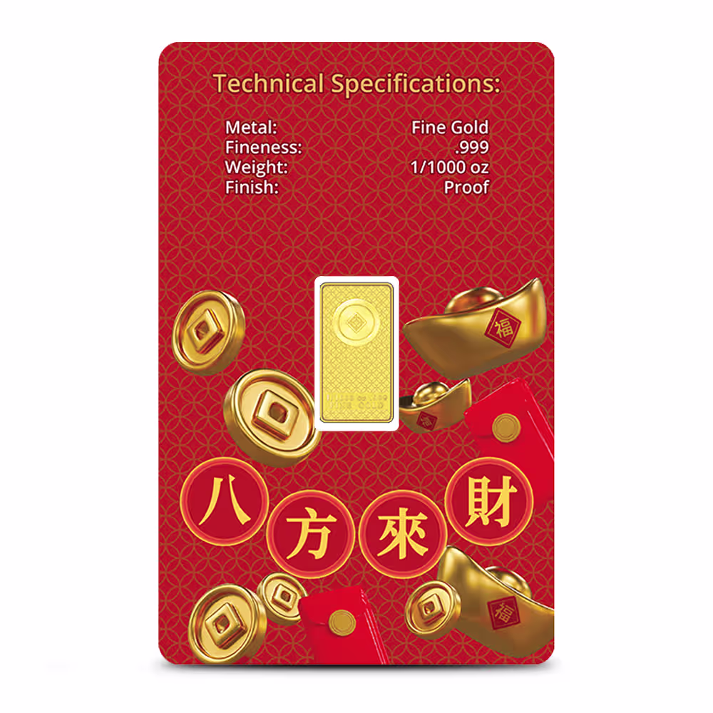 1/1000 oz Proof God of Wealth Gold Bar (New w/ Assay)